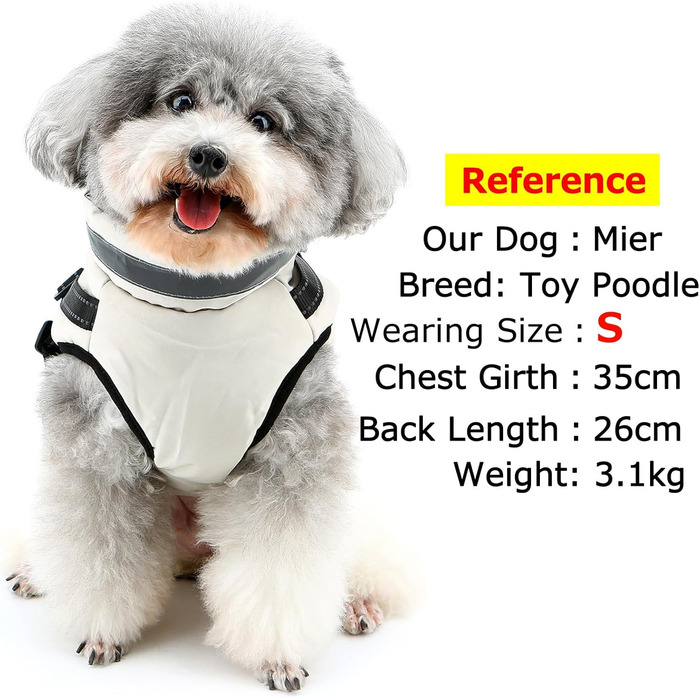 Зунеа Куртка для собак маленьких порід, тепла зимова куртка для цуценят з шлейкою, світловідбиваючі елементи, регульована застібка-блискавка, тепла флісова підкладка, сніговик, розмір XS/S, одяг для домашніх тварин, бежевий колір