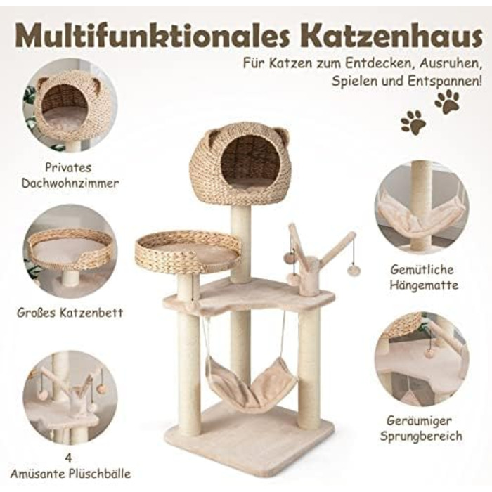 Кігтеточка FANTASK з будиночком, 121 см, кігтеточка з гамаком та 4 м'ячиками, ліжко для котів, кігтеточний комплекс