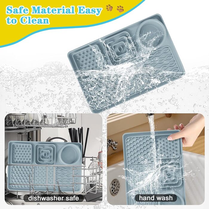 Силіконова килимок-заспокійвач для собак та котів Cooltto з мискою з нержавіючої сталі, з присосками, для грумінгу, миття та тренувань (Сірий, Модель A- 6 в 1 з 59 присосками)