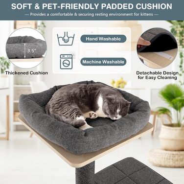 Котячий комплекс PETSITE 175 см з дерева, сучасний когтеточка для великих котів, сірий, із сизалевими стовпами, лежанкою, будиночком і полицею для кухні