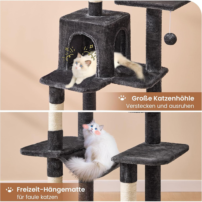 Кігтеточка для котів MSmask велика, 150 см, сіра, з 2 платформами, 2 будиночками, гамаком та сизалевими стовпчиками