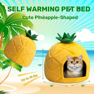 Hollypet Ліжко-будиночок для котів, складне котяче житло з знімною подушкою, для кошенят і дрібних тварин, ананас, жовтий