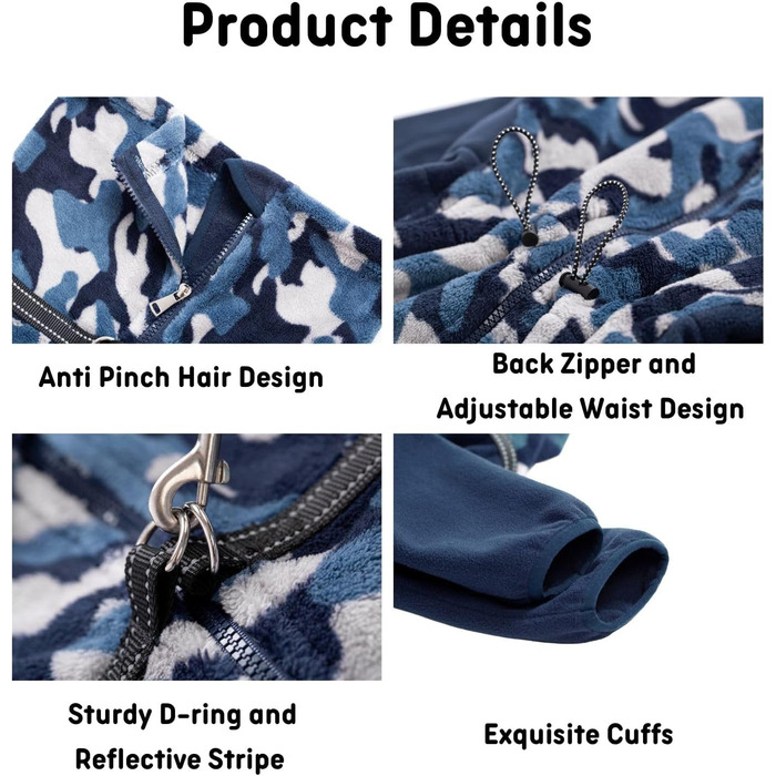 Зимовий комбінезон для собак з блискавкою, D-початком, світловідбиваючими смугами та регульованою протишерстю, вітрозахисна куртка для собак малих, середніх та великих порід, розмір M, блакитний. Розмір M: Довжина спини: 45 см, Обхват грудей: 63 см