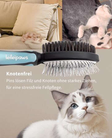 Двостороння щітка для собак та котів – вичісувальний гребінь для довгої та короткої шерсті, металеві щетинки та натуральна щетина, ергономічна ручка TPR, м'який та ефективний догляд за шерстю (Синьо-Чорний)