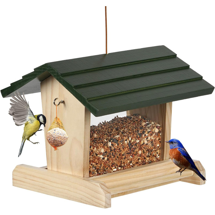 Дерев'яний годівничка для птахів JAZUIHA для дикої природи, годівничка для пташиного корму, годівничка для підвішування з тримачем для м'ясних кульок для метеликів, саду, тераси або балкону