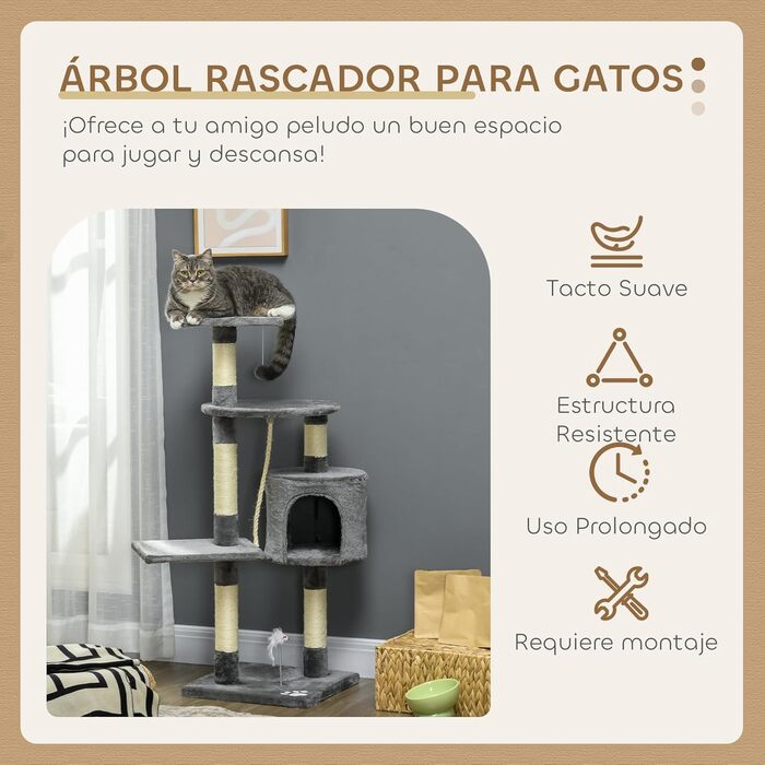 Котячий будиночок PawHut: когтеточка, кріплення для іграшок, платформа, печера, 116 см, сірий