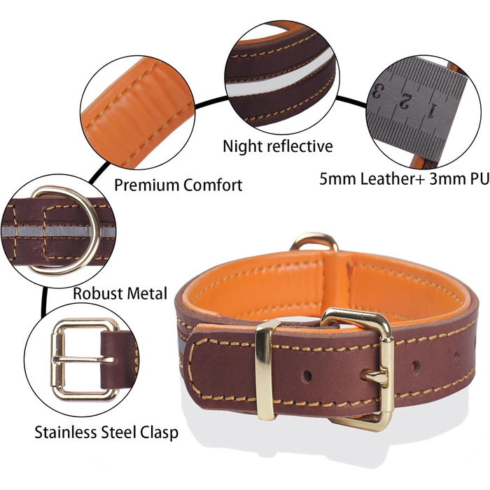 Нашийник для собак з натуральної шкіри, великих та екстра-великих порід (колір коричневий, розмір M)