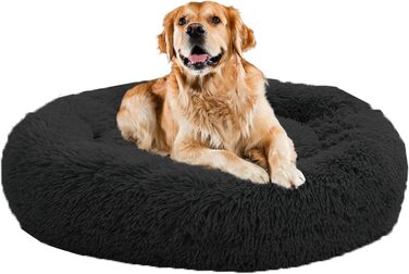Заспокійливе ліжко-лежанка у вигляді пончика для собак та котів, 80 см, плюш, миється, для цуценят, маленьких та середніх собак, чорний колір