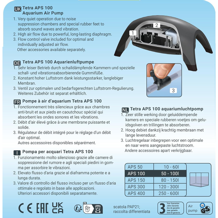 Tetra APS 100 – тиха мембранна повітряна помпа для акваріума 50-100 л, чорна