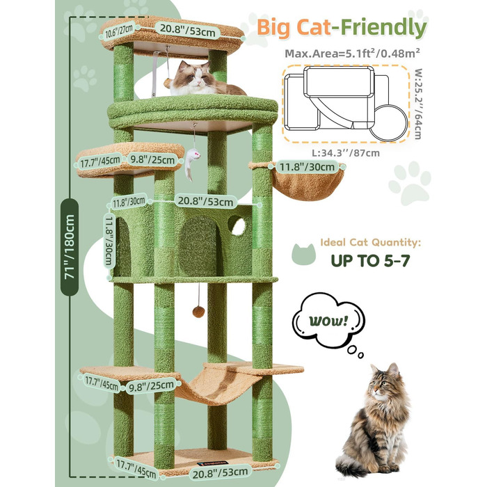 Когтеточка для котів Taoqimiao 180 см XXL, великий котячий комплекс для Maine Coon з будиночком, гамаком, великою платформою, 9 стійок для дряпання, кошиком, зелений