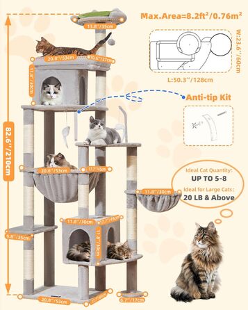 Котячий будиночок Taoqimiao MS032G: великий когтетоп для дорослих котів, XXL, міцний, з 8 стовпчиків для дряпання та великою гамаком (світло-сірий)