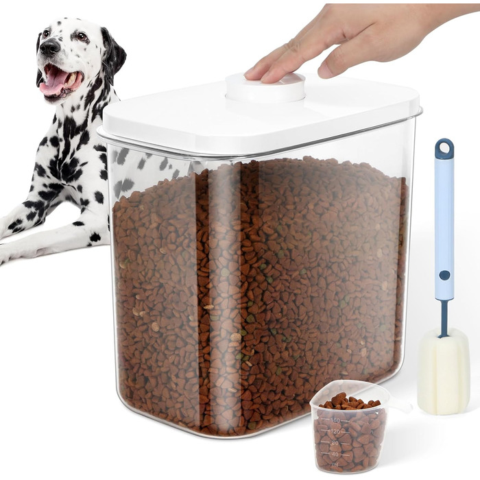 Контейнер для корму для собак та котів, BPA-free, прозорий, стекується, з мірною ложкою, губка для миття, Pop-Top кришка, з ручкою, 5,4 кг, білий, великий (12 л, 1 шт)