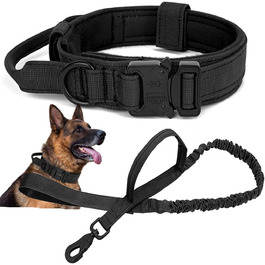 Тактичний нашийник для собак з ручкою та повідок, військовий стиль, м'яка підкладка, нейлон, регульований, для середніх та великих собак, чорний P7-L