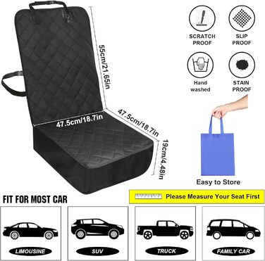 Захисний чохол на сидіння авто для собак, 136x119 см, чорний, нейлон. З щіткою для чищення та сумкою. Підходить для більшості авто та SUV.