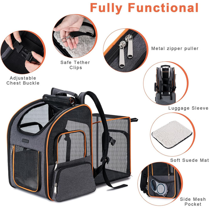 Рюкзак-переноска для собак та котів, сірий, розширюваний, для подорожей літаком