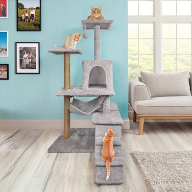 Високий ігровий комплекс для котів Mersjo: дряпалка, будиночок та лежанка, 6 рівнів, 125 см