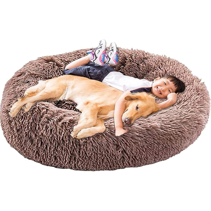 Ортопедичне ліжко для собак XL: кругла м'яка кушетка для великих та середніх собак. Зручне собаче ліжко з Memory Foam, антистрес, коричневе.
