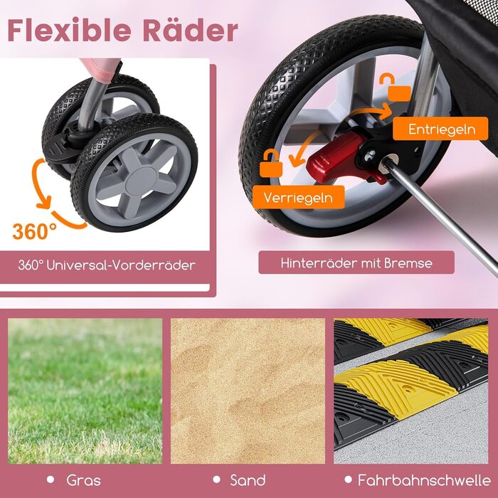 Візок для собак та котів COSTWAY, до 15 кг, рожевий, з сітчастими віконцями, тримачем для напоїв, кошиком та сонцезахистом