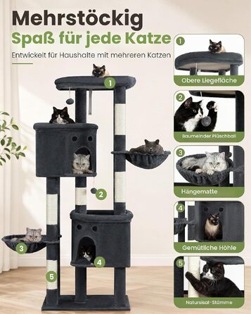 Комплексний котячий будинок Kratzbaum XL 170 см з сірим покриттям: ігровий комплекс для великих котів з дряпаками, будиночком, гамаком та м'ячиками