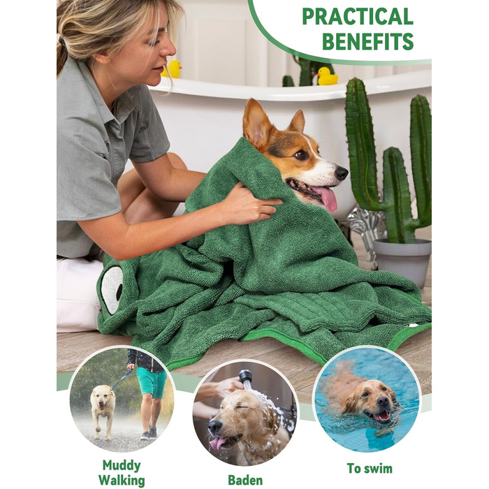 Рушник для собак JOLOV E Dog, супер вбираючий, для сушіння після купання, м'який, з регульованою застібкою, для лазні, плавання, прогулянок у дощ, розмір L, колір зелений, зображення жаби