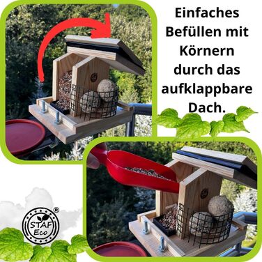 Годівниця для птахів на балкон Vogelfutterhaus, дерев'яна, ручна робота, з кріпленням 30–60 мм, для садових і диких птахів, натуральна, водостійка