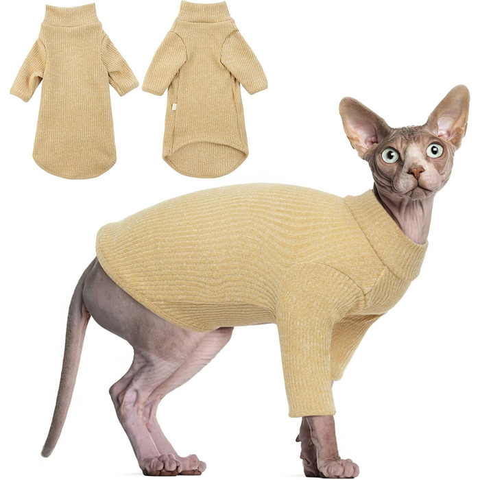Теплий жилет для безшерстих котів з високим коміром, дихаючий, стильний одяг для котів, жилет-пуловер для кошенят з візерунками, піжама-костюм для Sphynx, Cornish Rex, Devon Rex, Peterbald (S, Хакі)