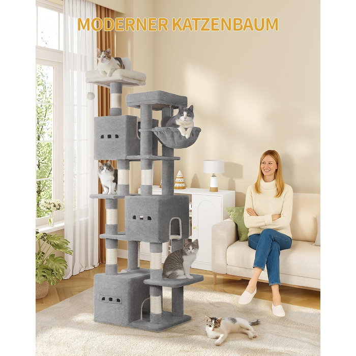 Великий котячий будиночок-кліматизатор, 193 см, XXL, 7 стовпчиків для дряпання, 3 будиночки, 2 платформи, 2 іграшкові кульки, кошик, мотузка для лазіння, багатоповерховий, сірий, MS19218LG
