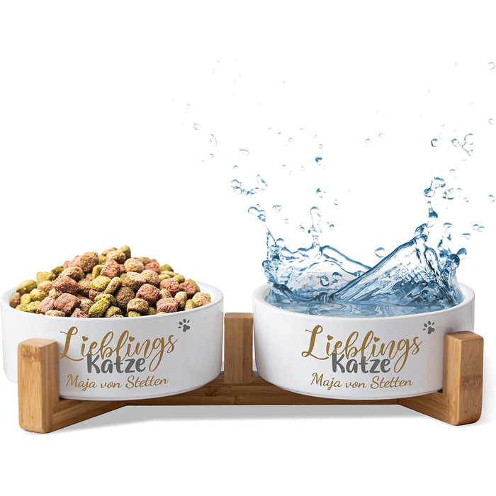 Котловий набір керамічний з іменем 'Улюблена Кішка' | Набір мисок з/без підставки | Подвійний набір для їжі та води | Миска для великих та маленьких котів, станція для годування (2x 500 мл, з підставкою)