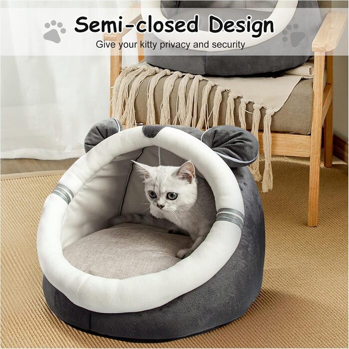 Кігтеточка-будиночок для котів Andiker, 40x40x33 см, плюшеве ліжко, напівзакритий гніздо, миється, знімається, з іграшкою-клубочком (сірий, миша)