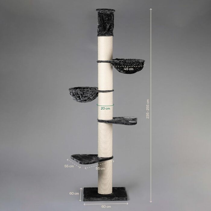Дерево для великих котів RHRQuality Maine Coon Tower Plus, висота до 295 см, стовпи 20 см, темно-сірий, для мейн-кунів