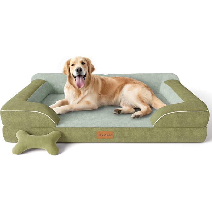 Ортопедичне ліжко для собак, 91x69 см, з іграшкою-кісткою, з охолоджуючого меморі-піни, миється, водонепроникне, неслизьке, велике ліжко для собак, світло-сіре (темно-зелене, L 107 x B 76 x H24 см)