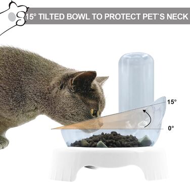 Набір мисок для котів та собак 2 в 1 з диспенсером для води, ковзаючою підкладкою та лопаткою. Нахил 15°, миски для сухого та вологого корму, білий колір