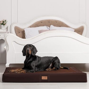 Ортопедичний лежак для собак Tierlando® Oscar VIP з екошкіри та велюру, з в'язкоеластичною піною, антипрослизкова підкладка, 100x80 см, коричневий