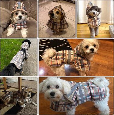 Дощовик для собак Kooltail з капюшоном, для малих та середніх собак, водонепроникний, з світловідбиваючими смугами, регульований, дихаючий, бежевий в клітинку