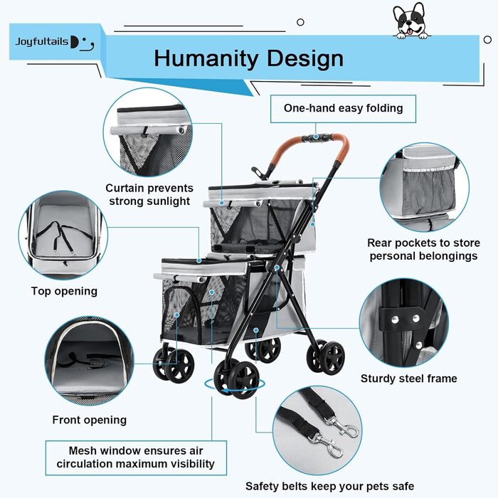 Візок для собак Joyfultails, складний, для маленьких собак та котів до 20 кг (сірий)