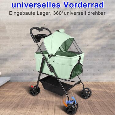 Візок для собак і котів OHMG, розкладний, до 20 кг, з гальмами, великий кошик, 3 вікна, тримач для напоїв, зелений (50 x 65 x 99 см)