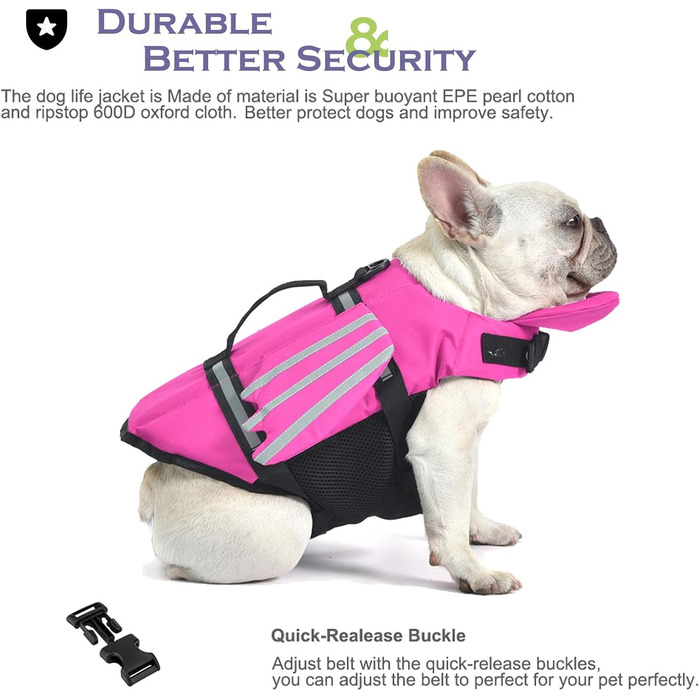 Рятувальний жилет для собак з плавниками, для собак з проблемами підборіддя, легкий та безпечний для водних видів спорту, з ручкою та світловідбиваючими елементами для малих, середніх та великих собак (L, Рожевий)