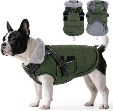 Зимовий теплий накид для собак ASENKU (S, M, L, XL) – водонепроникний, вітронепроникний, з відбиваючими елементами, з нагрудником, для маленьких, середніх та великих собак, зелений