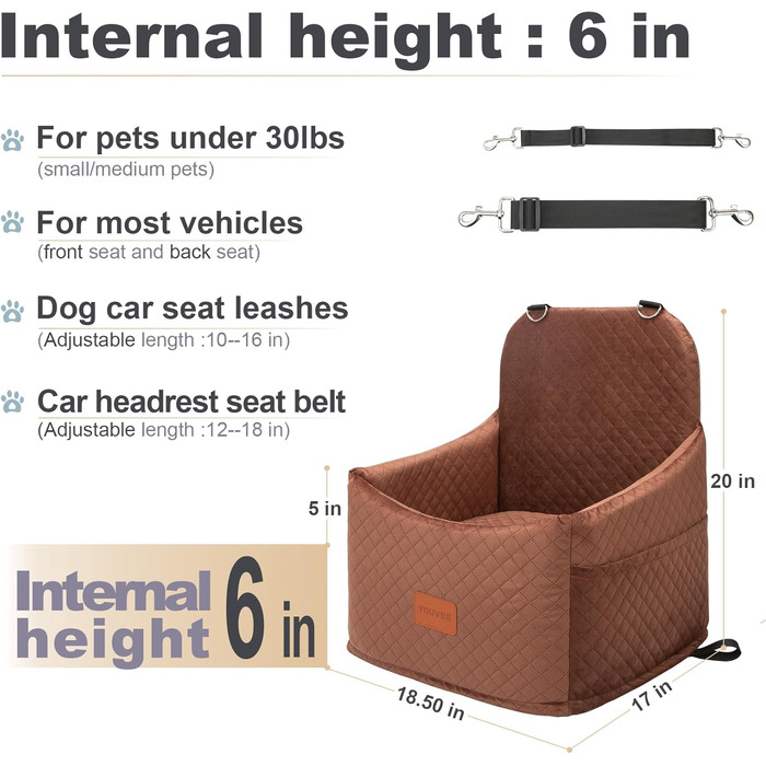 Автокрісло для собак Youvee: безпечне та зручне автокрісло для маленьких собак до 13,6 кг, висота 15,2 см, знімне та миється (колір: коричневий)