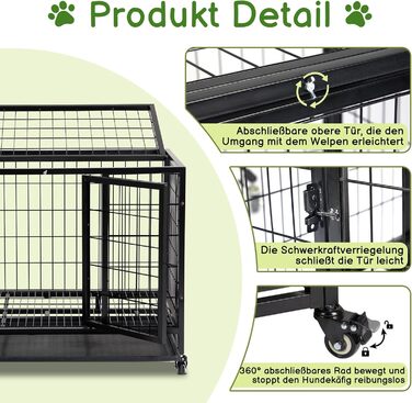 Міцна переносна переноска для собак, 2 двері, фіксуючі колеса, знімний піддон – для середніх та великих собак – чорна (92x62x75 см)