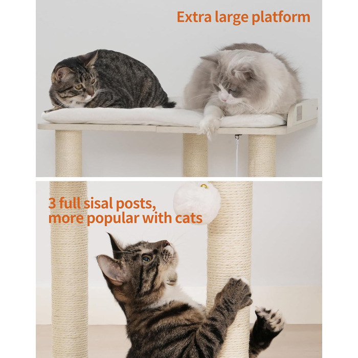 Котячий будиночок-колонна FourFurPets з сизалю, 67,8 см. Ідеально для кішок, велика платформа, три стовпчики для заточування кігтів, білий колір