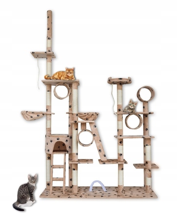 Величезний ігровий комплекс для котів XXL (255 см) — Дряпалка-вежа з гамаком, тунелем та будиночком, бежевий