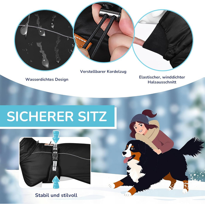 Зимовий теплий одяг для собак ALLSOPETS з відбиваючими елементами, чорного кольору, розмір 2XL. Вітронепроникна куртка для великих та середніх собак з регульованим поясом та кільцем для повідка.