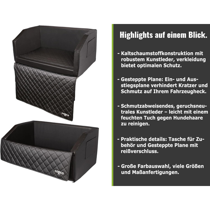 Автомобільне ліжко для собак CopcoPet: захист багажника, чорне, 90x55x38 см, штучна шкіра, водовідштовхувальне, стійке до подряпин