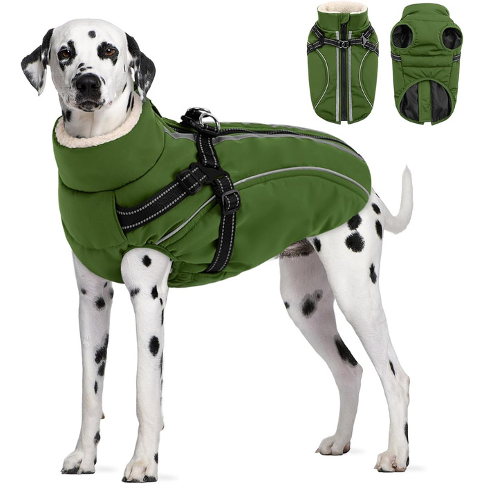 Зимовий теплий одяг для собак - куртка з блискавкою, вітрозахисна, з відбиваючими смугами та нагрудником (XL, Зелений)