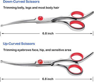 Набір професійних ножиць для грумінгу собак Elfirly: нержавіюча сталь, заокруглені кінчики, ножиці для розрідження, вигнуті ножиці, набір для стрижки шерсті тварин з триммером для нігтів (червоний)
