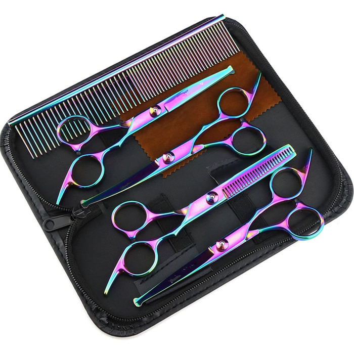 Набір ножиць для грумінгу собак 6-в-1: прямі, зігнуті, для начісування та проріджування. Професійний набір для догляду за шерстю собак