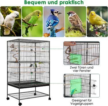 Клітка для птахів велика, металева, на 4 колесах, для хвилястих попугаїв з годівницею, іграшками, гойдалкою, 2 дверцятами, 4 дерев'яними перекладинами, 132 x 78 x 52 см