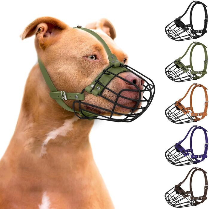 Металевий намордник для собак Pitbull, дихаючий, регульований, для великих порід (Amstaff, Staffordshire Terrier), з шкіряними ременями, захист від укусу, жування, гавкання, оливковий