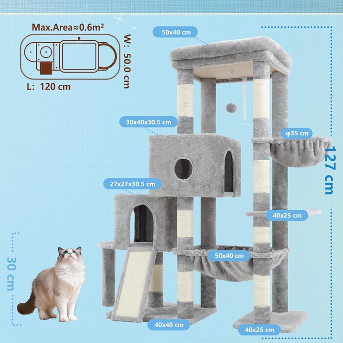 Котячий будиночок Hey-brother Kratzbaum: велика платформа, 2 печери, гамак, сизаль, кошик, 127 см, MPJ071W